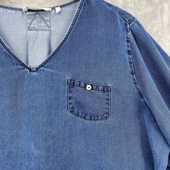 Soft Surroundings V-Neck Tencel Roll Tab Sleeve Blue Chambray Boho Top - Picture 3 of 11